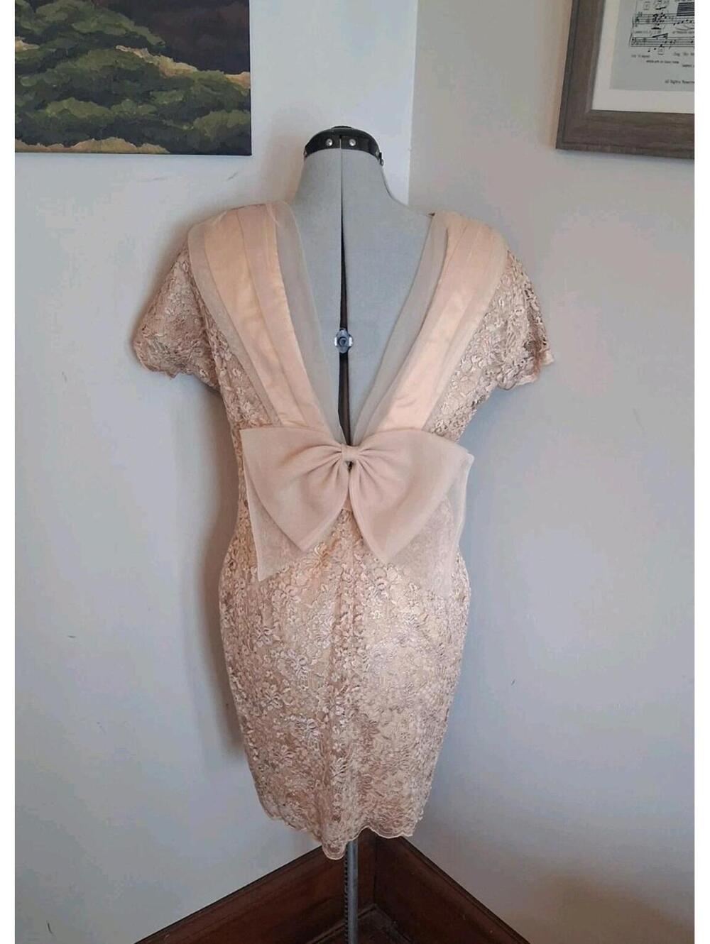 Vintage 90s Cocktail Dress, Low Back With Bow Short Sleeve Nude Dress Size 10